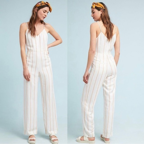 ANTHROPOLOGIE The Essential White Stripped Jumpsuit Size Medium - Picture 1 of 5